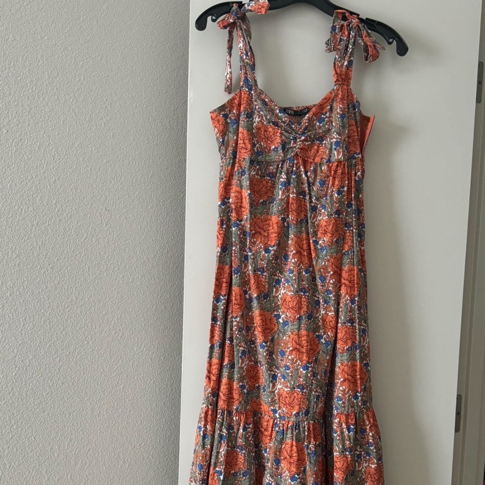 Zara floral maxi tie strap dress, zip closure
